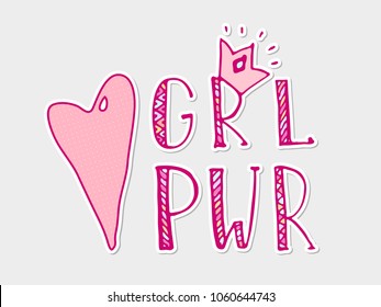 Girl power quote. Grl pwr hand drawn lettering. Womens right. Female, feminism symbols. Vector illustration. Can be used as print for poster, t shirt, postcard.