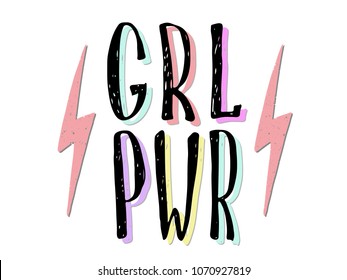 Girl power quote. Grl pwr hand drawn lettering. Womens right. Female, feminism symbols. Vector illustration. Can be used as print for poster, t shirt, postcard.