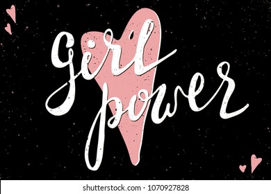 Girl power quote. Grl pwr hand drawn lettering. Womens right. Female, feminism symbols. Vector illustration. Can be used as print for poster, t shirt, postcard.
