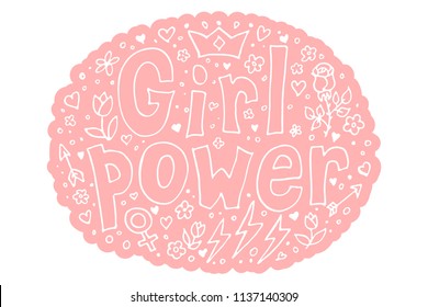 Girl power quote. Grl pwr hand drawn lettering. Womens right slogan. Female, feminism symbols. Vector illustration. Can be used as print for poster, t shirt, postcard.