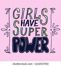 Girl power quote. Grl pwr hand drawn lettering. Womens right slogan. Female, feminism symbols. Vector illustration. Can be used as print for poster, t shirt, postcard.