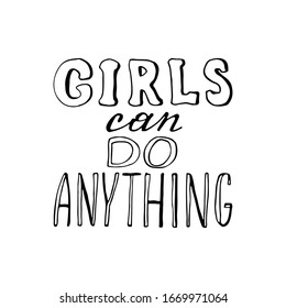 Girl power quote, hand drawn lettering. Womens rights slogan. Female, feminism symbols. Vector illustration. Can be used as print for poster, t shirt, postcard.