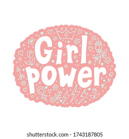 Girl power quote, hand drawn lettering. Womens rights slogan. Female, feminism symbols. Vector illustration. Can be used as print for poster, t shirt, postcard.