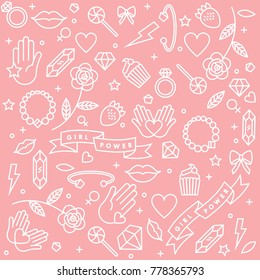 Girl power quote. Icon set fashion symbol  with star, diamond, lips and jewelry. Vector doodle illustration. Feminism slogan. Vector pattern