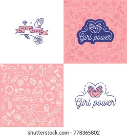 Girl Power Quote. Icon Set Fashion Symbol  With Star, Diamond, Lips And Jewelry. Vector Doodle Illustration. Feminism Slogan. Vector Pattern. Woman Right