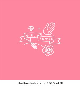 Girl power quote. Icon set fashion symbol  with star, diamond, hand and flower. Vector doodle illustration. Feminism slogan. Vector poster or card