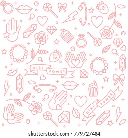 Girl power quote. Icon set fashion symbol  with star, diamond, lips and jewelry. Vector doodle illustration. Feminism slogan. Vector pattern