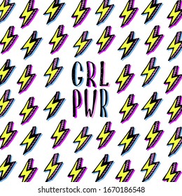 Girl power quote with lightning in pop-art comic style. Grl pwr slogan. Female, women rights, feminism symbol. Vector illustration. Can be used as print for poster, t shirt, postcard.