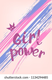 Girl Power quote on decorative  brush lines background. Handwritten textured lettering. Vector illustration.