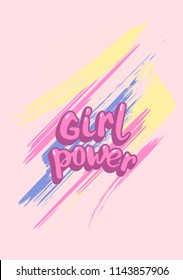 Girl Power quote on decorative  brush lines background. Handwritten lettering. Vector illustration.