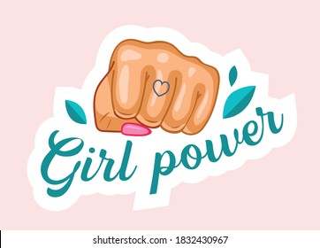 Girl Power Quote with Raised Female Fist with Manicure and Heart Tattoo on Finger. Feminist Slogan, International Women Day, Independence and Human Rights Concept. Cartoon Vector Illustration
