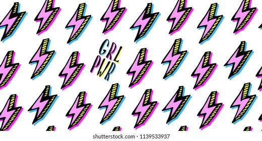 Girl power quote with seamless pattern in pop-art style. Grl pwr slogan. Female, feminism symbols. Vector illustration. Can be used as print for poster, t shirt, postcard.