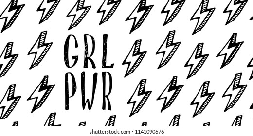 Girl power quote with seamless pattern. Grl pwr slogan. Female, feminism symbols. Vector illustration. Can be used as print for poster, t shirt, postcard.