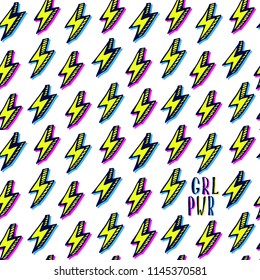 Girl power quote with seamless pattern in pop-art style. Grl pwr slogan. Female, feminism symbols. Vector illustration. Can be used as print for poster, t shirt, postcard.