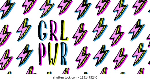 Girl power quote with seamless pattern in pop-art style. Grl pwr slogan. Female, feminism symbols. Vector illustration. Can be used as print for poster, t shirt, postcard.