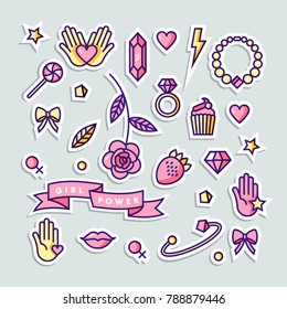 Girl power quote. Stickers set fashion badges, patches and pins with star, diamond, lips and jewelry. Vector doodle illustration. Feminism slogan