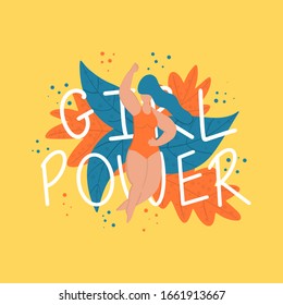Girl power quote and woman in swimsuit vector hand drawn illustration.