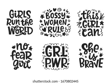 Girl power quotes set, hand drawn lettering vector design, isolated on white. Feminism slogan. Woman motivational words inscription for t-shirt, poster, placard, sticker, postcard and wall art. 