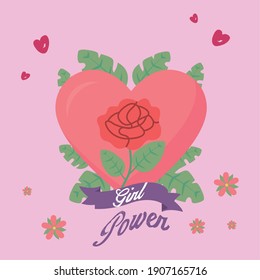 Girl power rose flower in heart design of woman empowerment female feminism and rights theme Vector illustration
