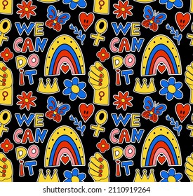 Girl power seamless pattern with fashion patch badges. Feminism. Female power and solidarity background. Retro 70s style funny, groovy cartoon backdrop. Vector illustration