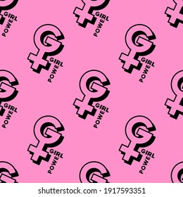Girl power seamless pattern with female symbols on pink background. Bright pink background with woman gender symbols with black outline. Feminism theme. Comics style. 