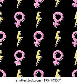 Girl power seamless pattern with flash lightning and female symbols on black background. Feminism themed background. Yellow bolts and pink female signs on black background. Vector illustration.