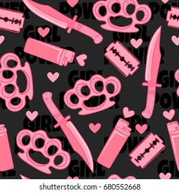 Girl Power. Seamless pattern with lighter, hearts, razor, knife and brass knuckles. Dark fashion background. 