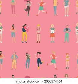 Girl power seamless pattern. Woman rights concept. Independence, confidence and strength image. Together we are stronger. Editable vector illustration in soft pastel colors. Motivational campaign.
