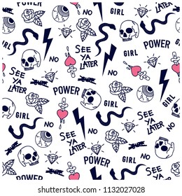 Girl power seamless pattern..Funny t-shirt design.Skull,rose,eye, snake vector illustration.