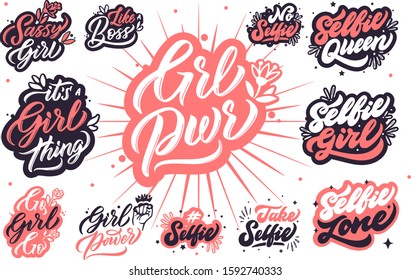 Girl power and selfie phrases calligraphy collection. Feminist quotes stickers.  Design elements, emblems, labels, badge, stickers, stamps. Fashion handlettered slogans