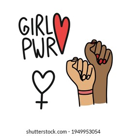 girl power set of doodle icons, vector illustration