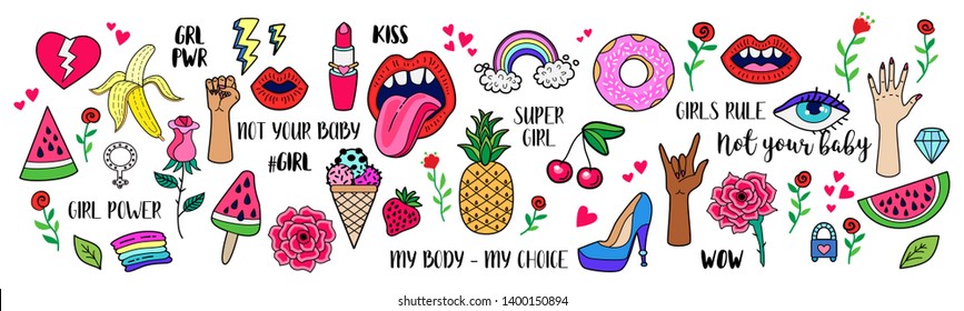 Girl Power set. Fashion patch badges with lips, hearts, stars and other elements. Vector illustration isolated on white. Set of stickers, pins, Feminism slogan and quote in cartoon 80s-90s comic style