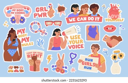 Girl power set of feminist and body positive stickers with motivation quotes. Women empowerment, self acceptance, gender equality. Vector illustration isolated on blue background. Flat cartoon style