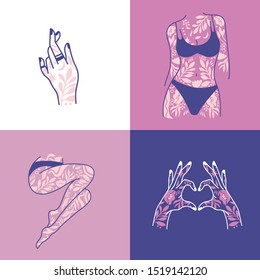 Girl power set icons. Fashion symbol with female tattooed hands and body, legs. Woman right