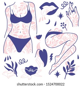 Girl power set icons. Fashion symbol with female tattooed hands and body, legs. Woman right