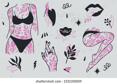 Girl power set icons. Fashion symbol with female tattooed hands and body, legs. Woman right