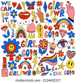 Girl power set of modern stickers, patches, badges. Feminism. Female power and solidarity, women s collection of retro 70s hippie style elements. GRL PWR hand lettering. Vector illustration