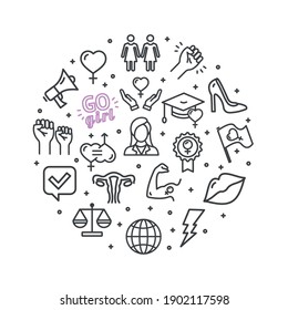 Girl Power Sign Round Design Template Thin Line Icon Banner on a White. Vector illustration of Lineart