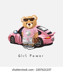 girl power slogan with cute girly bear doll and pink car vector illustration