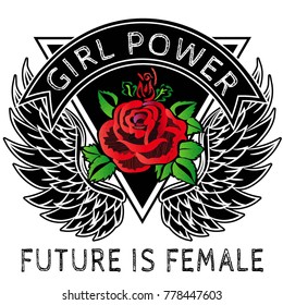 Girl Power Slogan Fashion stripes,  girl Gang Rose with leaves Rock, clothes for T-shirt with printed graphic design. Vector A set of stickers, embroidery, applique in the style of ancient 