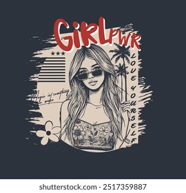 Girl Power slogan and girl hand drawm graphic tee vector. 