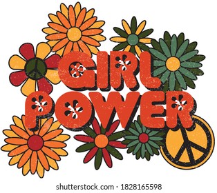 Girl Power Slogan Print with Hippie Style Flowers Background - 70's Groovy Themed Hand Drawn Abstract Graphic Vector