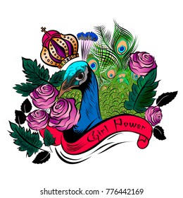 Girl Power Slogan red roses and peacock with crown, badges Exclusive girl Gang Rose with leaves Rock girl gangs, clothes for t-shirt with printed graphic design. Vector Set of stickers, embroidery.