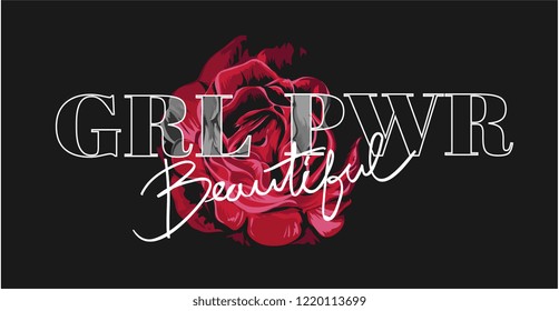 girl power slogan with rose illustration