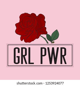 Girl power slogan with rose print on pink background
