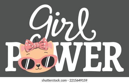 Girl Power slogan text with cute cat girl on dark background for t-shirt graphics, fashion prints and other uses