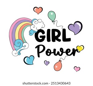 Girl Power slogan vector with rainbow and colorful hearts, illustration for t-shirt and other uses