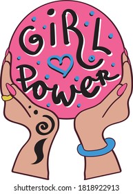 Girl power slogan. Woman hands with tattoos keeping pink magic ball with black lettering on it. Symbol of feminism and fight for equal rights. Sticker vector illustration.