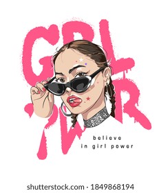 girl power spray paint slogan with cartoon girl in sunglasses illustration