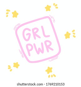 Girl power sticker isolated on white background. Pink outline and yellow stars. Vector illustration in the Doodle style. Can be used as a sticker or stripe. Print on paper or fabric.